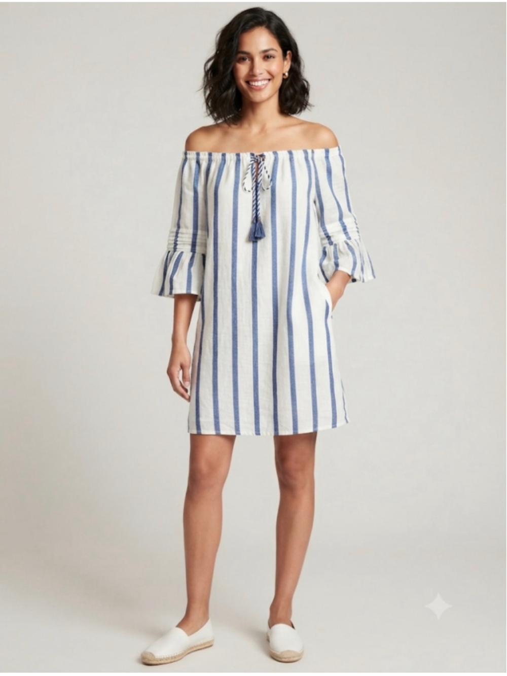 Off-Shoulder Striped Mini Dress Size M White Blue